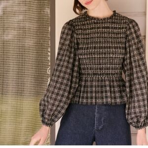 THE GREAT - Contessa Check Cotton & Linen Peplum Top Navy Cream Check